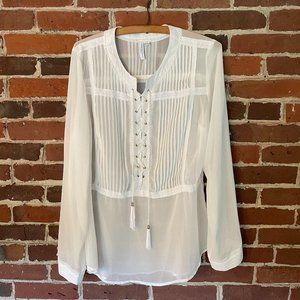 Katherine Barclay Tie-Front Blouse in Sheer White, size Large
